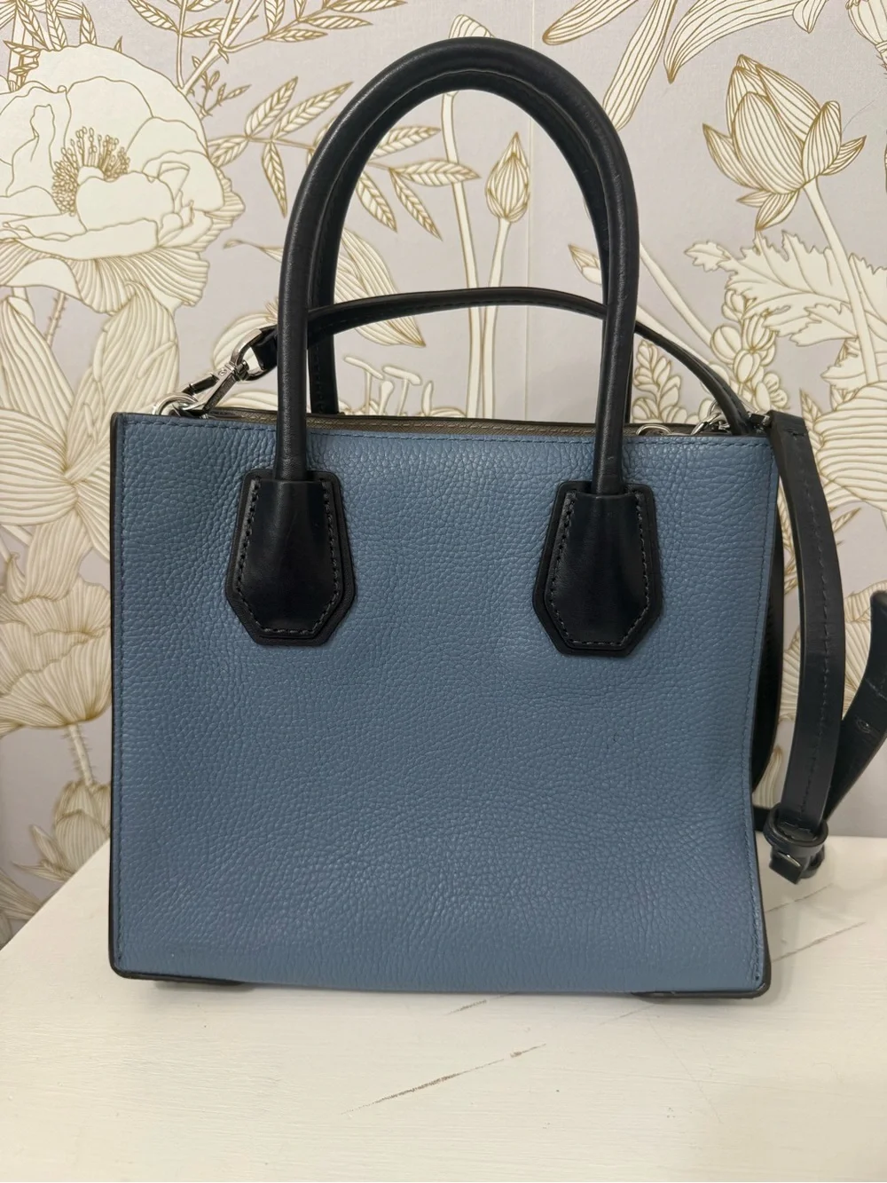 Michael Kors Dusty Blue Pebbled Leather Satchel with Black Trim
